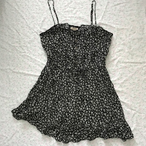 FOREVER 21 Floral Mini Dress M Fit Black Off White Waist Tie Buttons - Picture 1 of 16